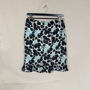 Vintage Ann Taylor Factory Floral Ruffle Hem Midi Skirt Blue Black White Size 12
